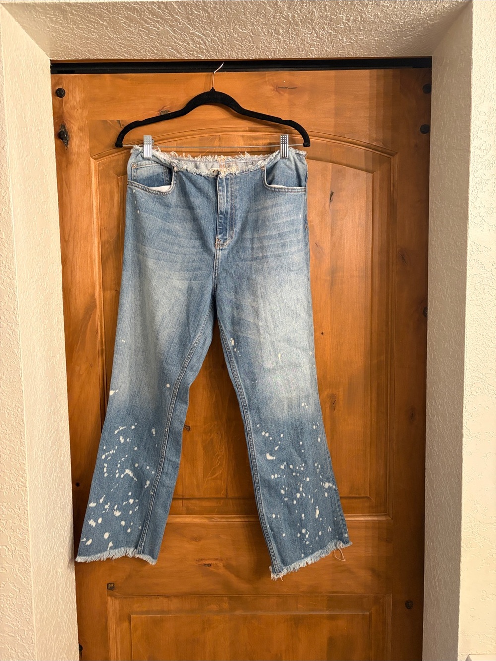 Free People Light Blue Distressed Flare Jeans with Paint-Splatter